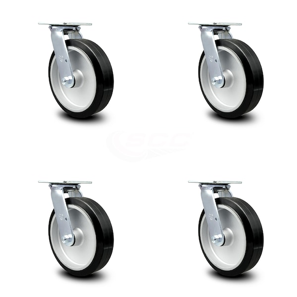 8 Inch Rubber on Aluminum Wheel Swivel Caster Set with Ball Bearings SCC